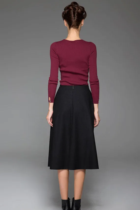 Mysterious Black Wool Skirt With Flower Lace on the Left Front Warm Black Skirt (1438)