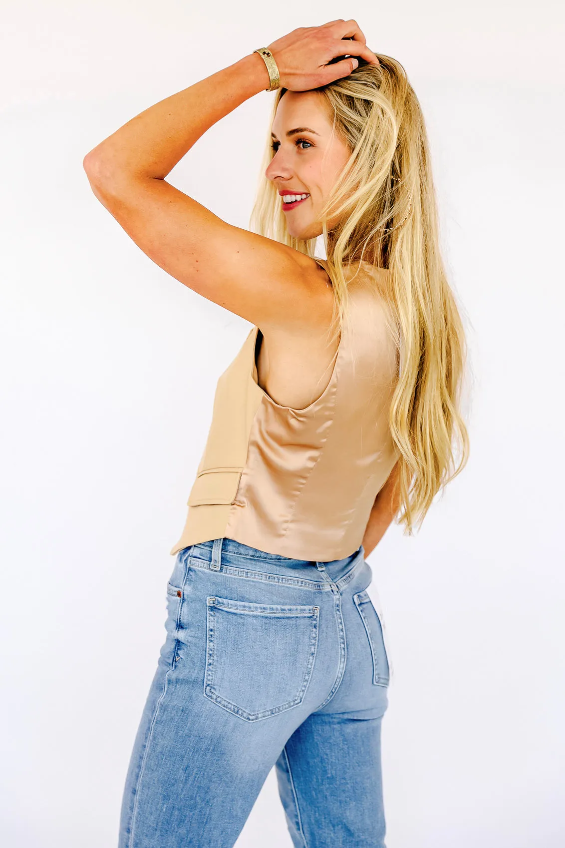 NEW!! Crystal Button Down Cropped Vest in Tan