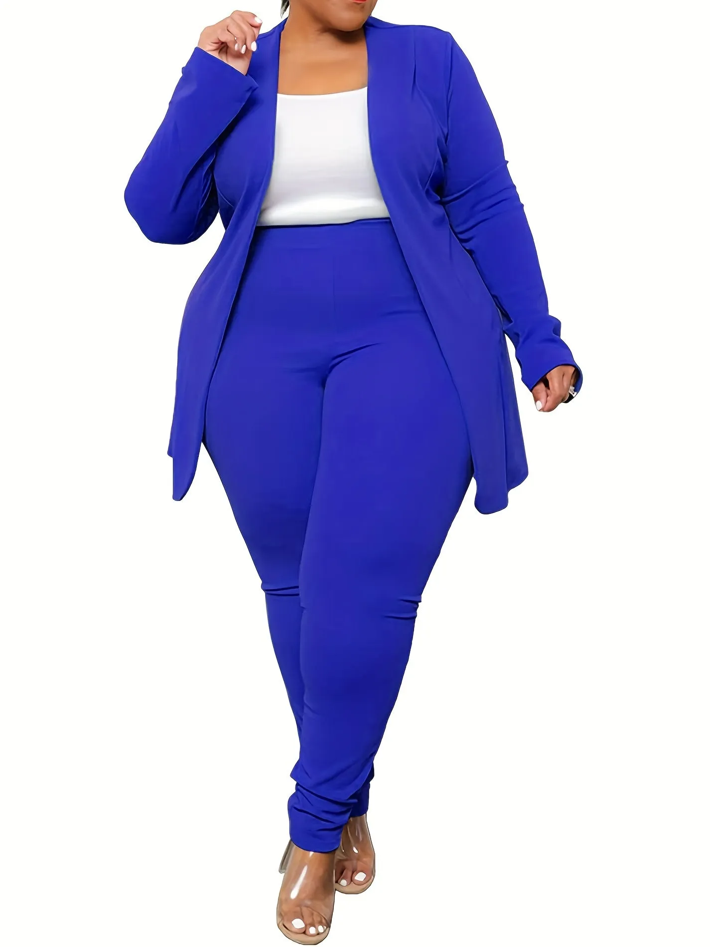 Plus Size Solid Long Sleeve Open Front Top & Leggings Two-Piece Set - Casual Outfits for Women