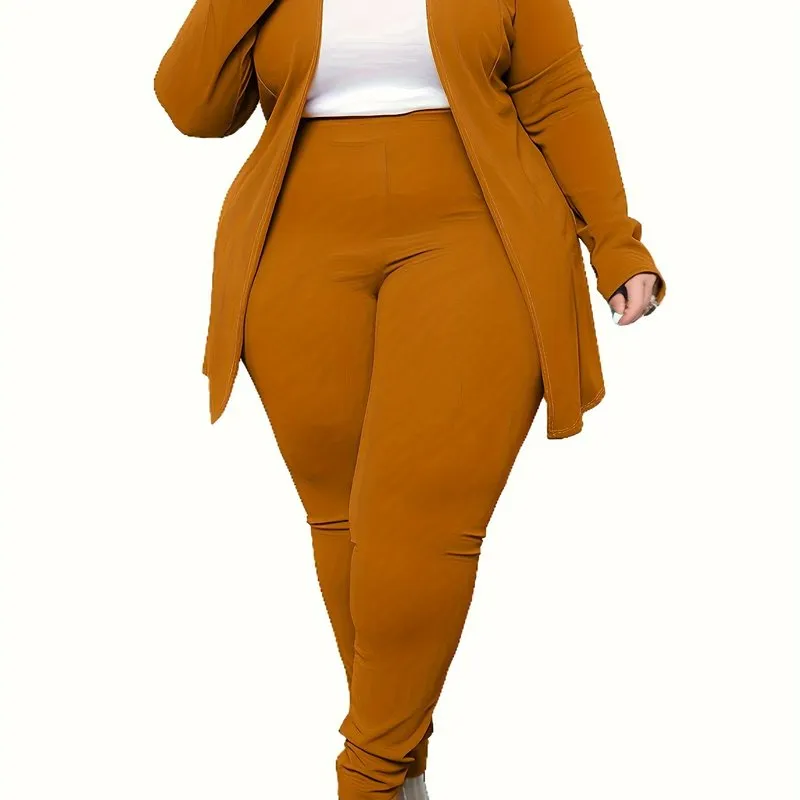 Plus Size Solid Long Sleeve Open Front Top & Leggings Two-Piece Set - Casual Outfits for Women