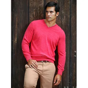 Royal Alpaca V-Neck Sweater in Red Coral Heather by Peru Unlimited