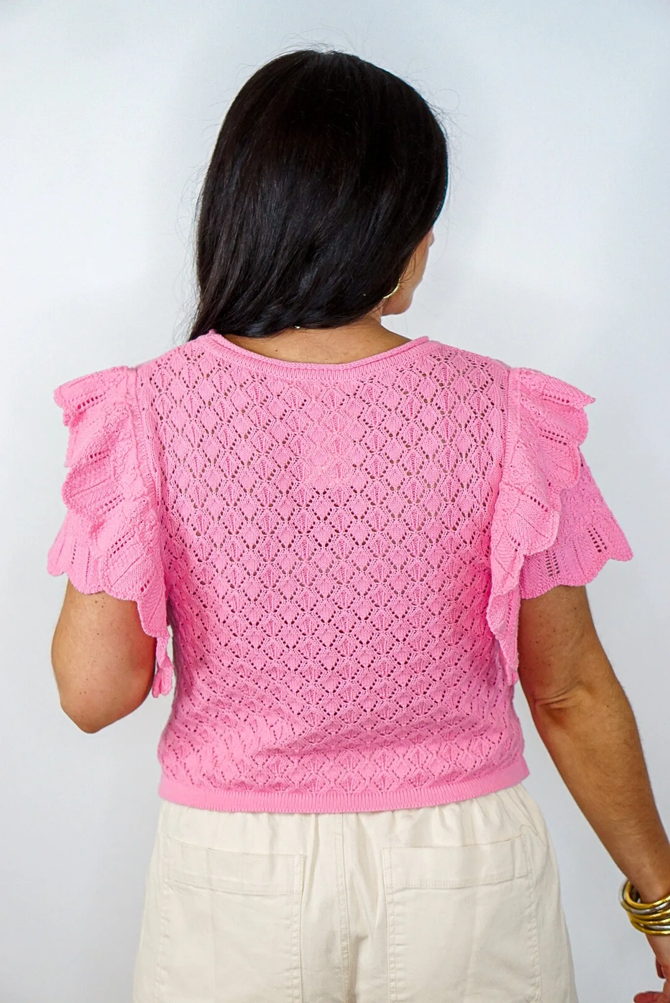 Ruffled Darling Pink Crocheted Sweater