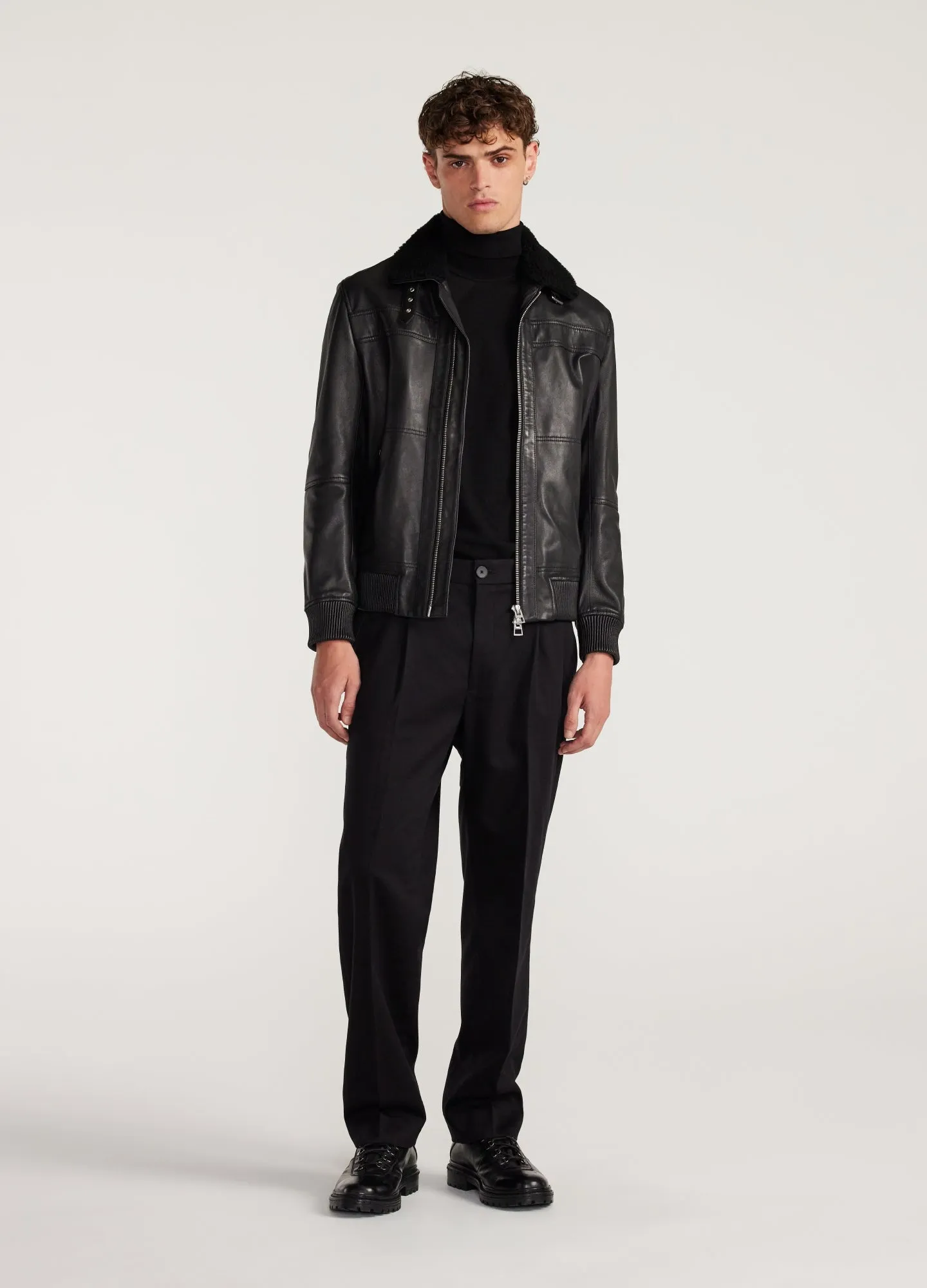 Shearling Trim Leather Jacket Black