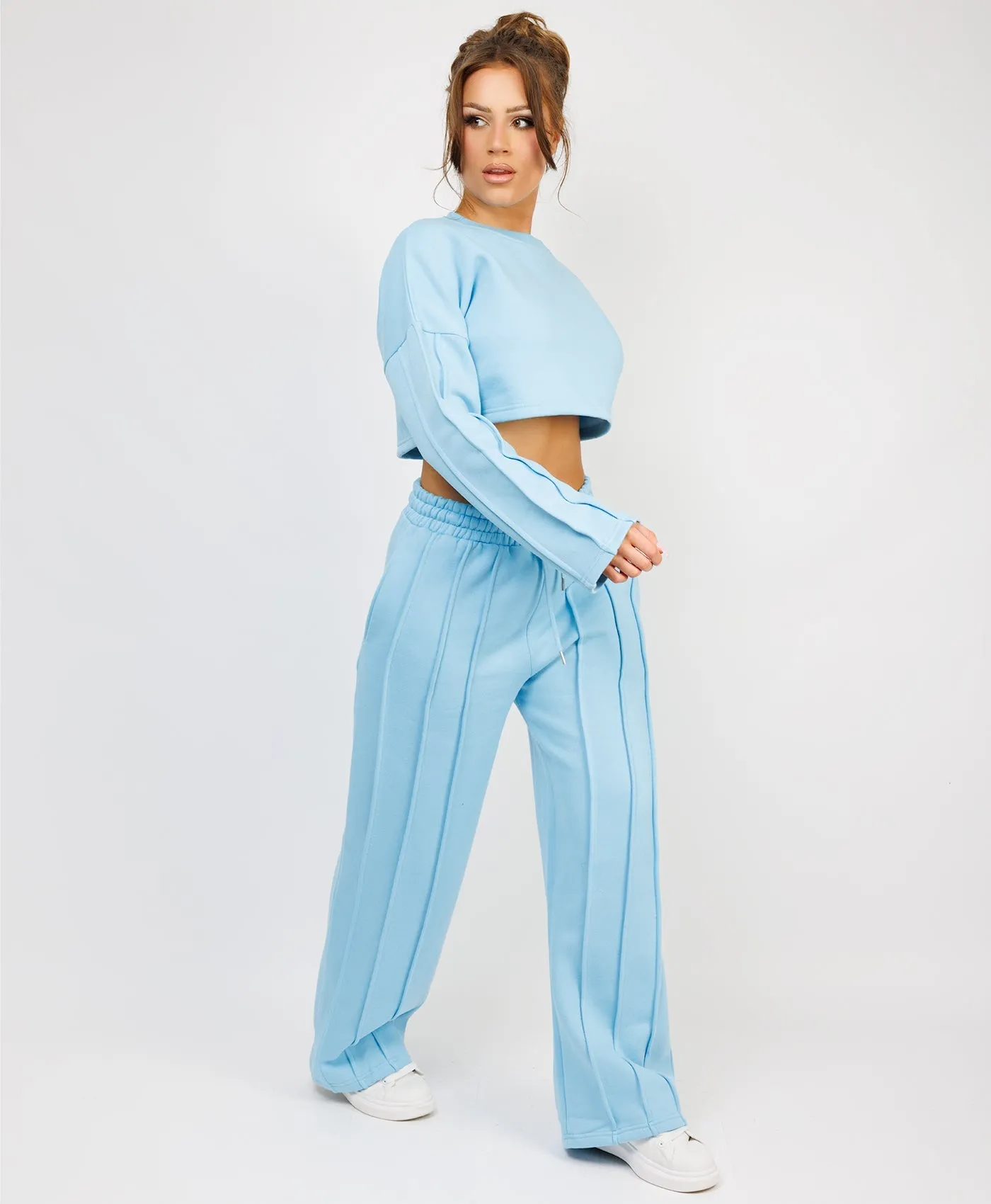 Sky Blue Cropped Sweatshirt And Pintuck Detail Joggers Tracksuit