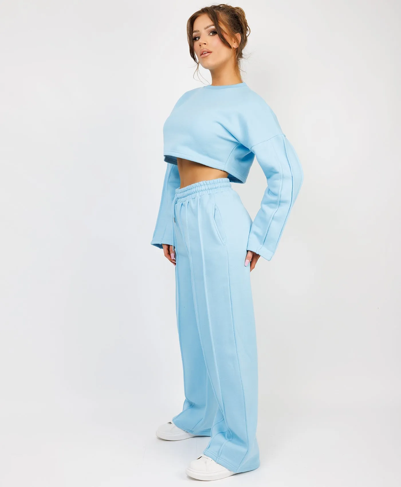 Sky Blue Cropped Sweatshirt And Pintuck Detail Joggers Tracksuit