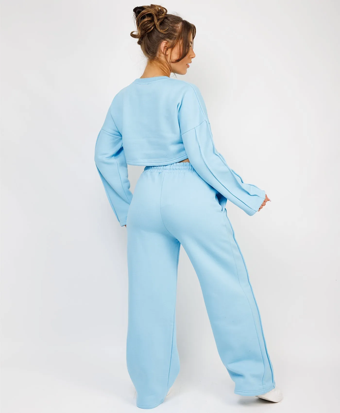 Sky Blue Cropped Sweatshirt And Pintuck Detail Joggers Tracksuit