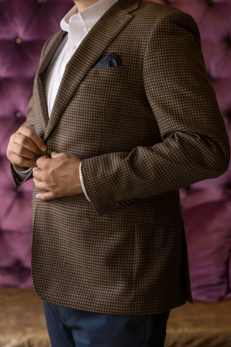 Tan Check with Blue Windowpane Wool Sport Coat