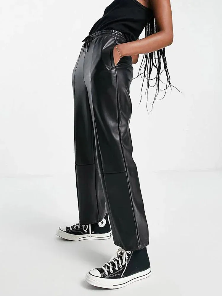 Trend4us Casual Chic Drawstring Faux Leather Joggers