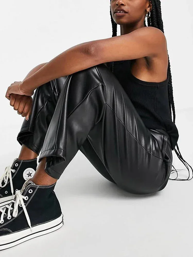 Trend4us Casual Chic Drawstring Faux Leather Joggers