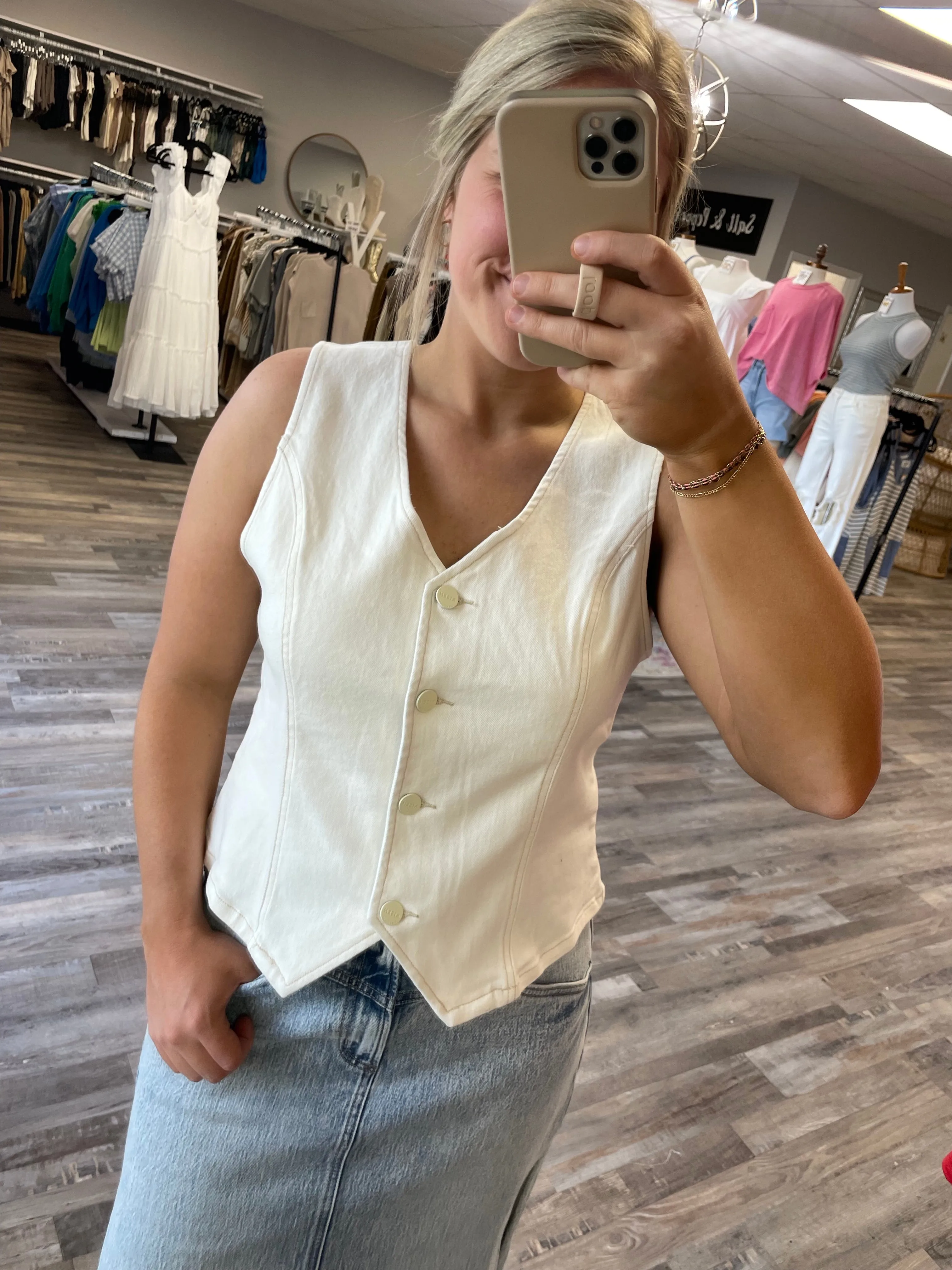 V-Neck Button Down Vest - Cream