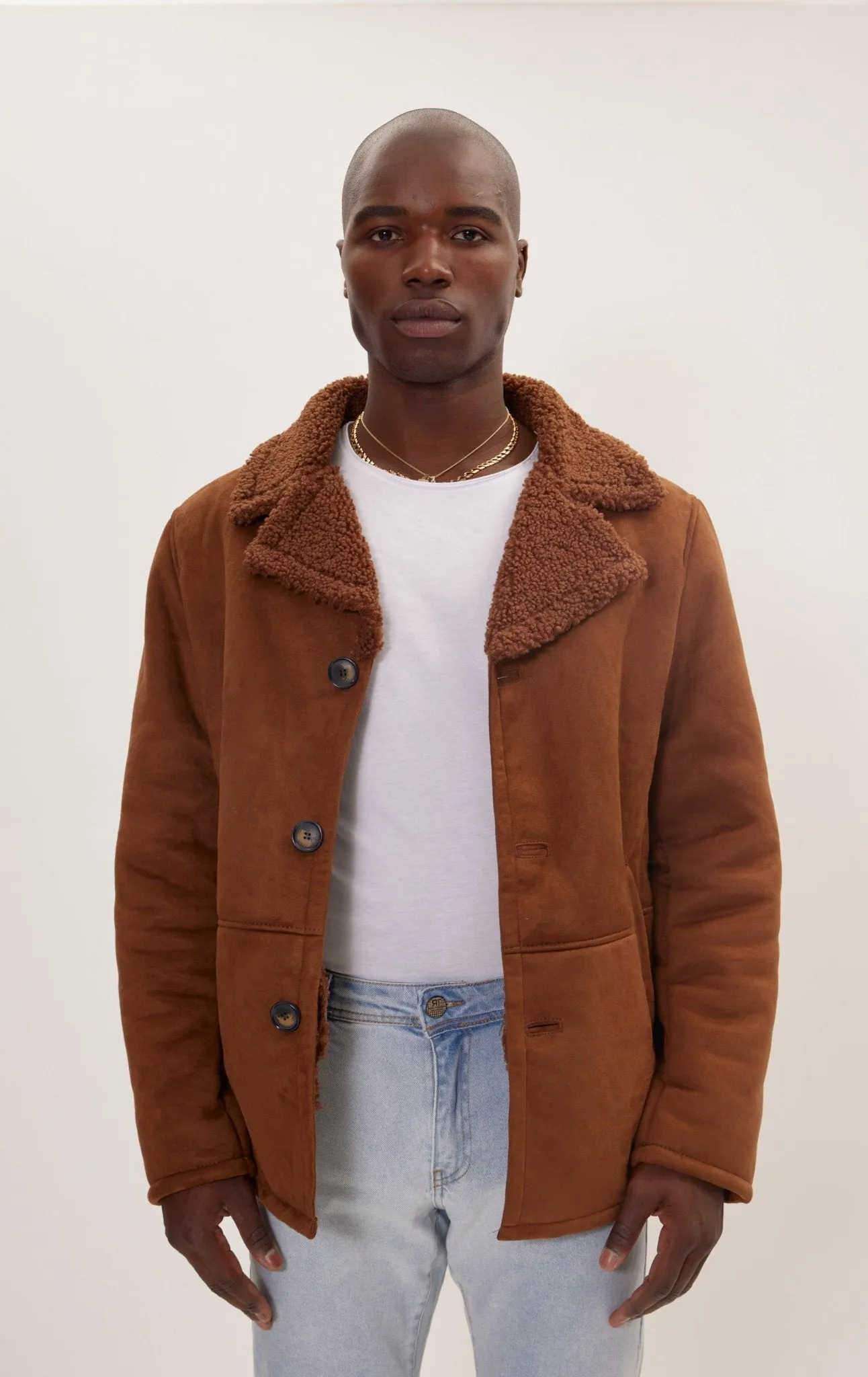 Vegan Shearling Button Closure Jacket - Brown