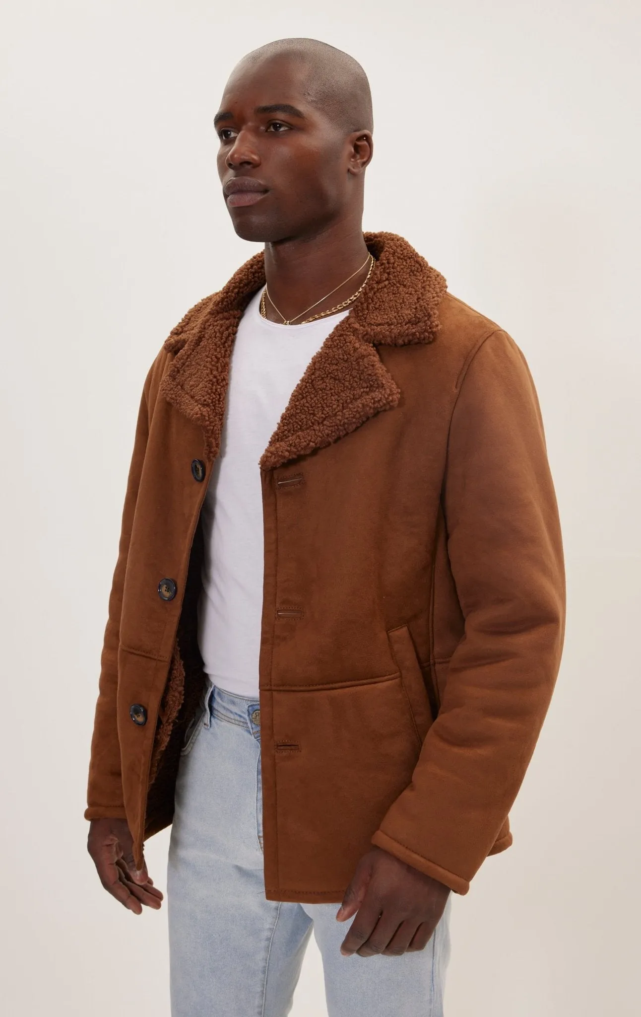 Vegan Shearling Button Closure Jacket - Brown