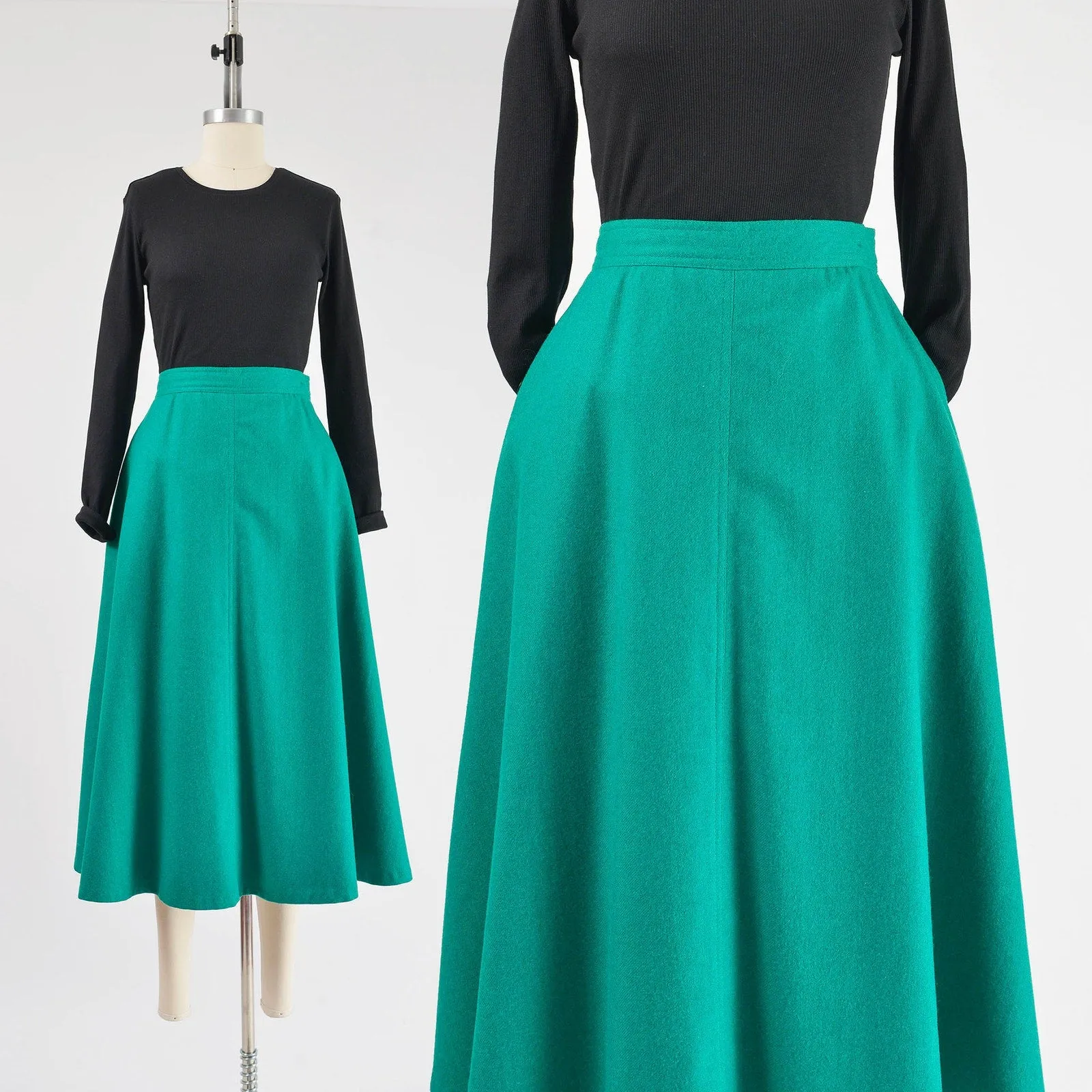 Vintage 80s Emerald Green Wool Skirt High Waisted Full Swing Fit Midi Skirt with Pockets size Medium