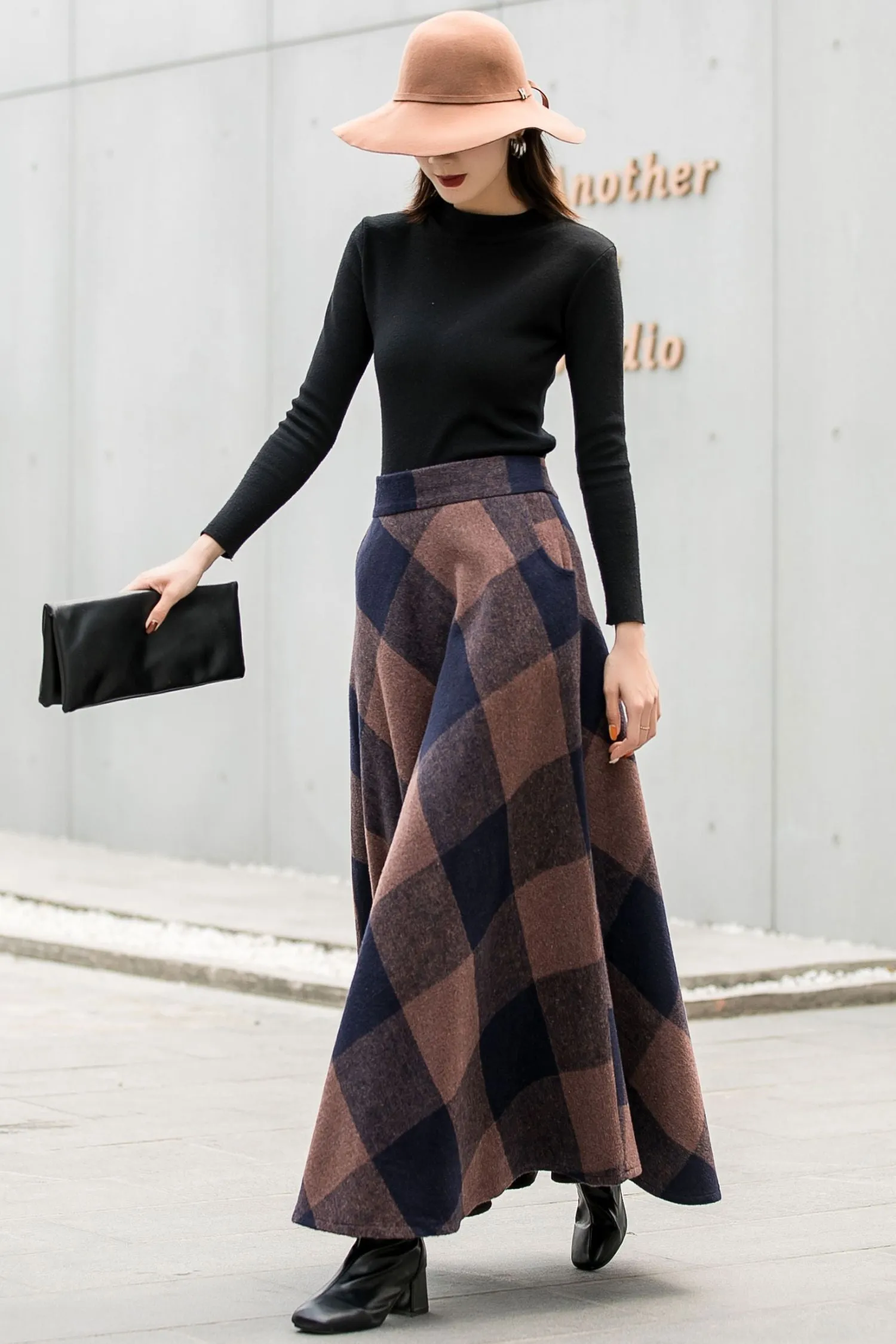 Vintage Inspired Plaid Wool Maxi Skirt 2837