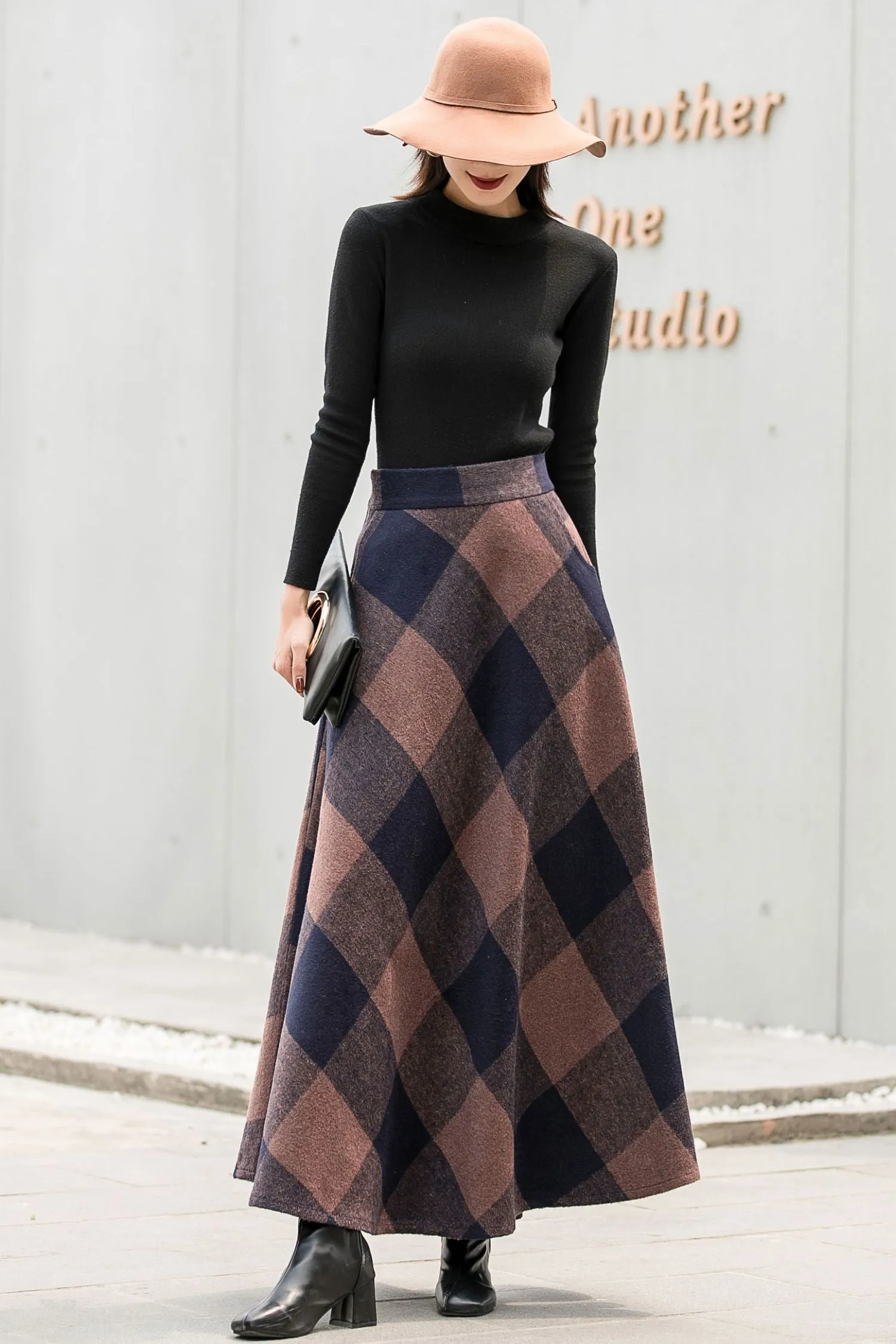 Vintage Inspired Plaid Wool Maxi Skirt 2837