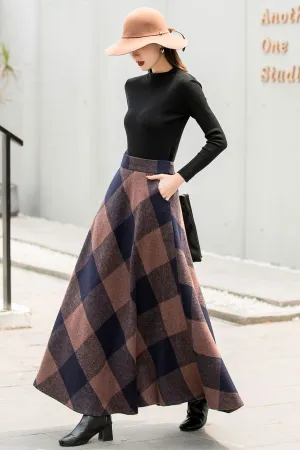 Vintage Inspired Plaid Wool Maxi Skirt 2837