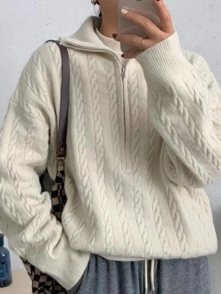 Wenkouban-Spring Casual Outfits Y2K Outfits Vintage Lapel Neck Cable Knit Sweater