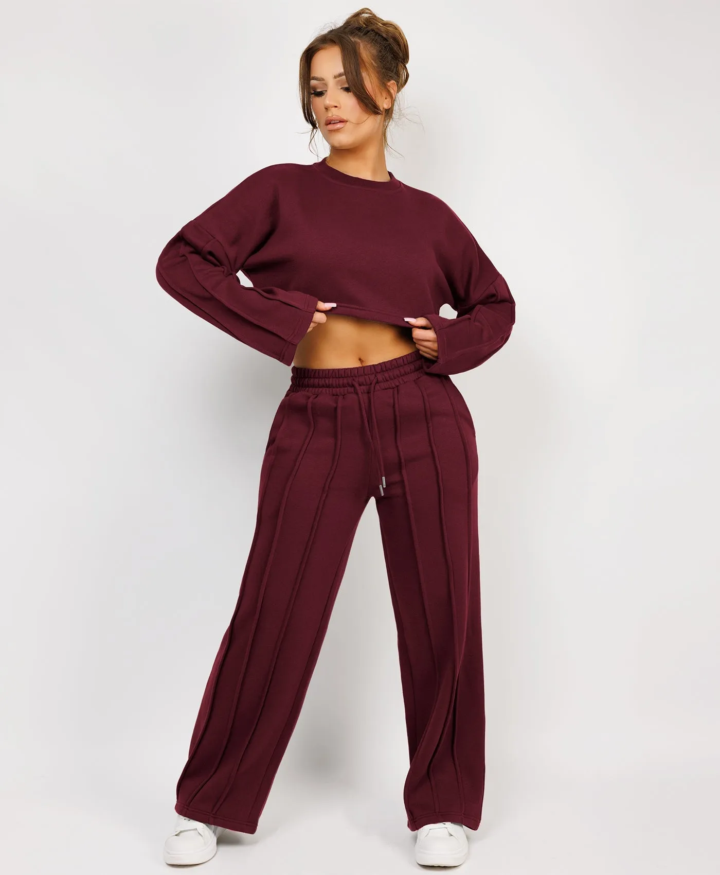 Wine Pintuck Seam Detail Joggers And Crop Sweatshirt Tracksuit