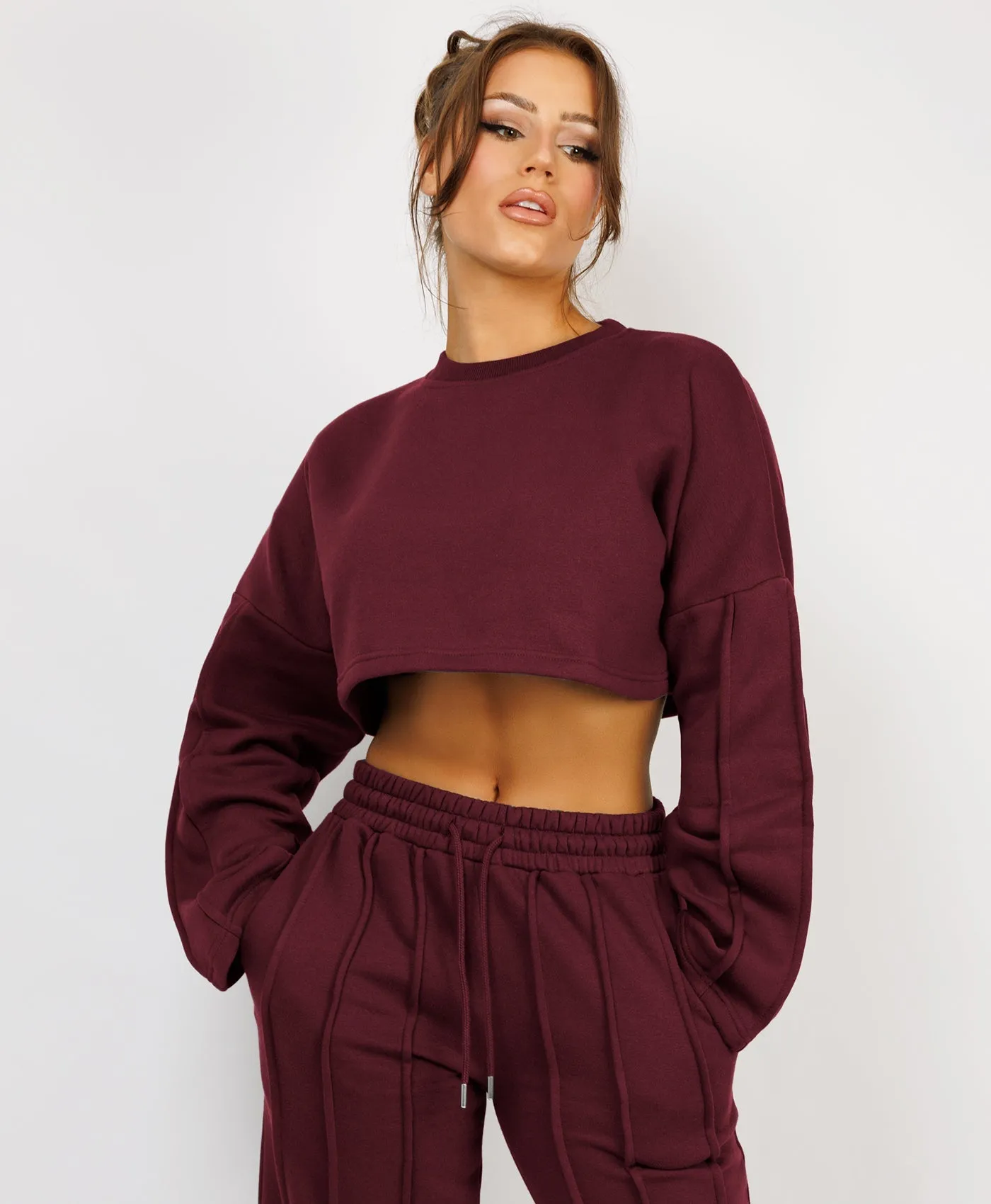 Wine Pintuck Seam Detail Joggers And Crop Sweatshirt Tracksuit