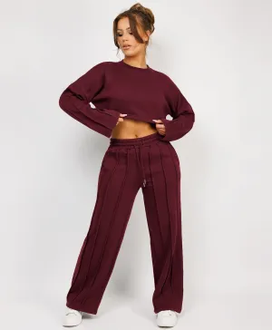 Wine Pintuck Seam Detail Joggers And Crop Sweatshirt Tracksuit