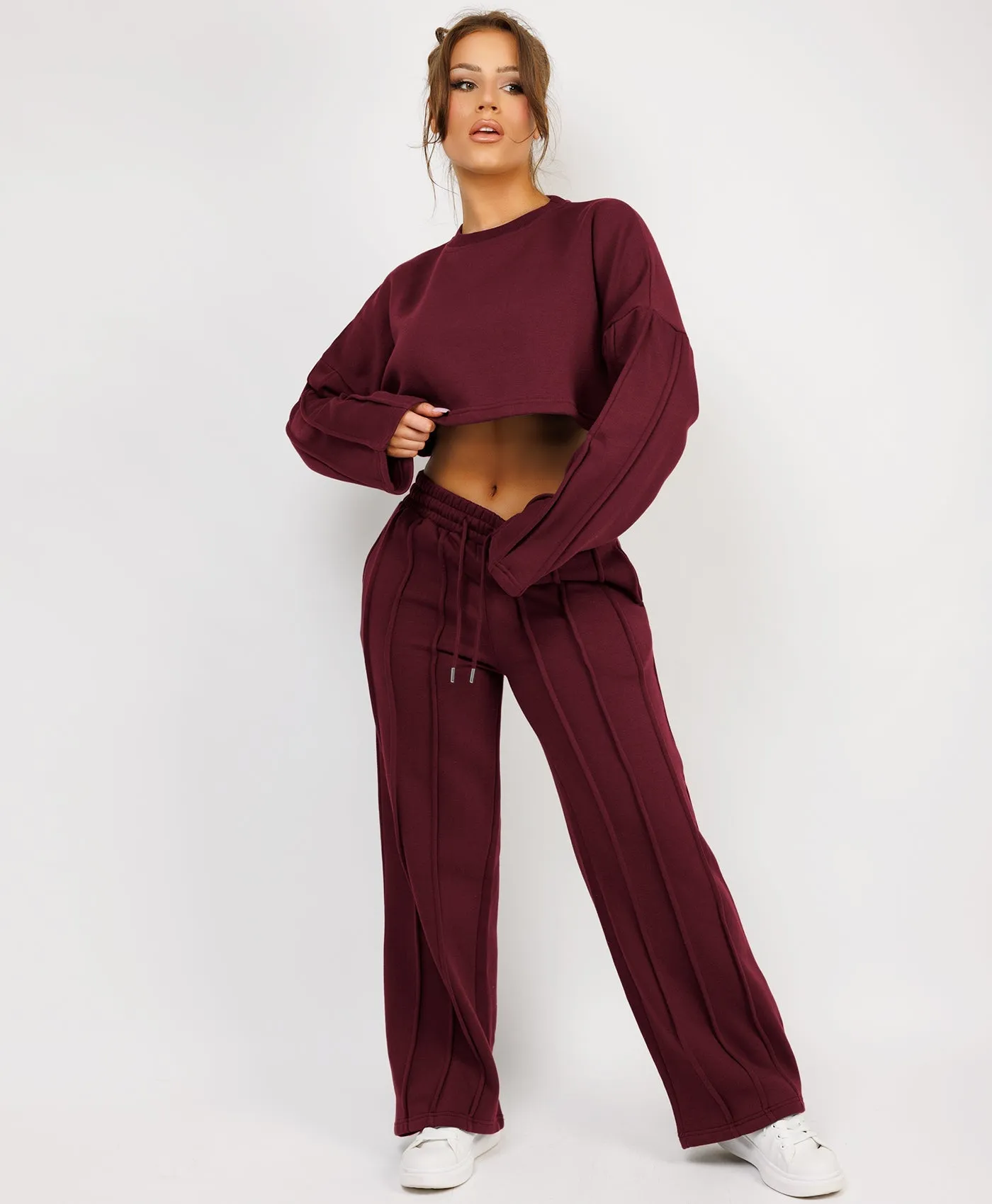 Wine Pintuck Seam Detail Joggers And Crop Sweatshirt Tracksuit