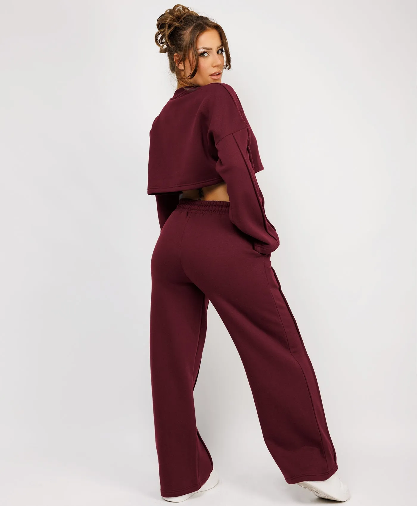 Wine Pintuck Seam Detail Joggers And Crop Sweatshirt Tracksuit