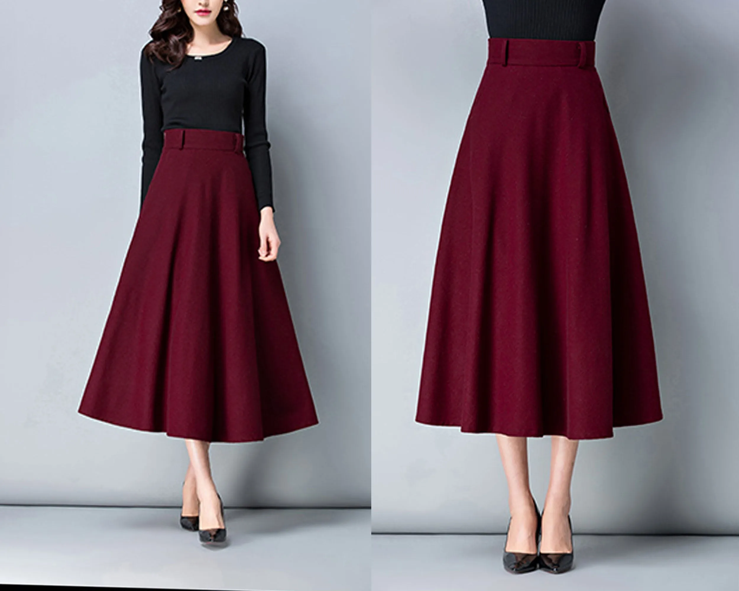 Winter skirt, Midi skirt, Wool skirt, dark gray skirt, long skirt, vintage skirt, high waist skirt, flare skirt, Wool skirt with belt Q0025