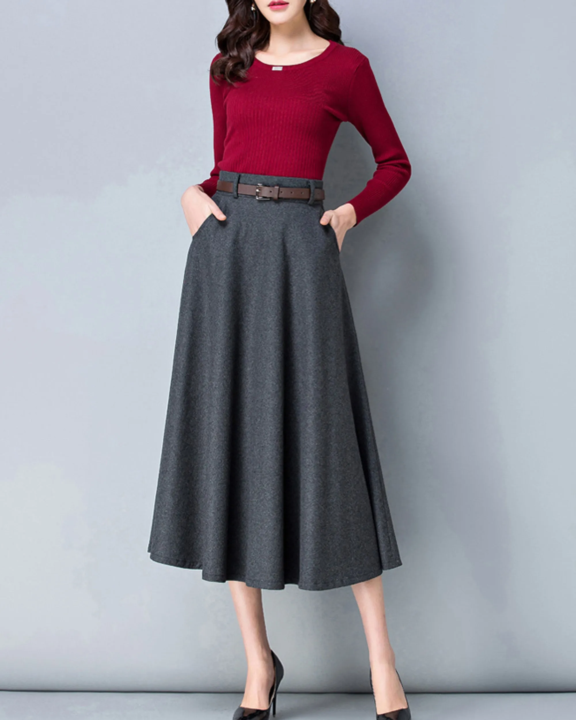 Winter skirt, Midi skirt, Wool skirt, dark gray skirt, long skirt, vintage skirt, high waist skirt, flare skirt, Wool skirt with belt Q0025