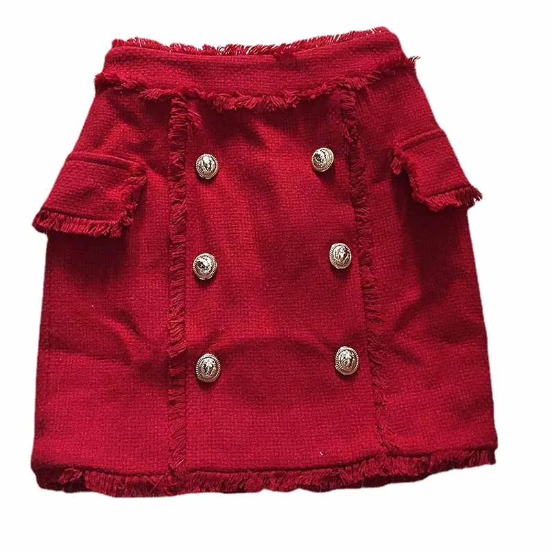 Women Red Skirt Lion Button Tassel Wool Short Skirt Hip Wrap Skirt