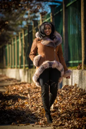 Women's Amber Shearling Sheepskin Jacket With Fox [Tan/Tan Fox]