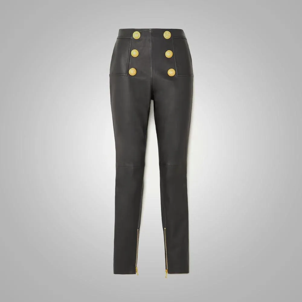 Women's Butt-flap Zipper Black Leather Pants