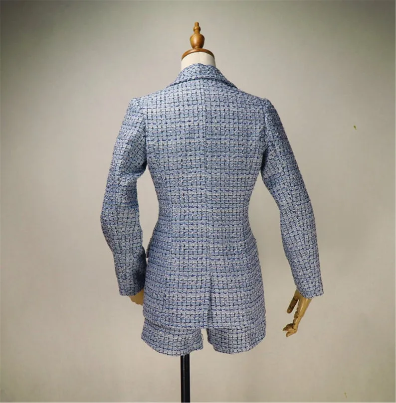 Women's Designer Inspired Custom Made Check Pattern Blue Tweed Blazer   Skirt/Shorts Suit