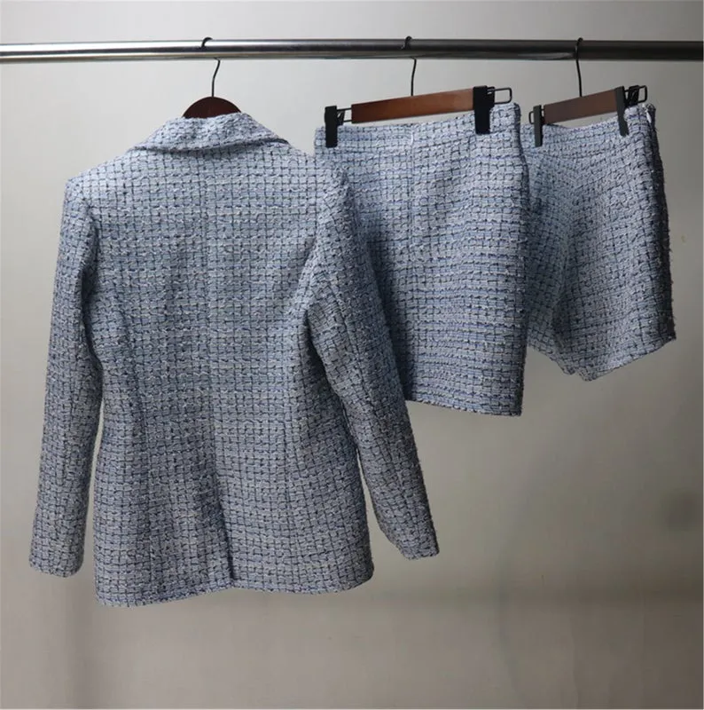 Women's Designer Inspired Custom Made Check Pattern Blue Tweed Blazer   Skirt/Shorts Suit