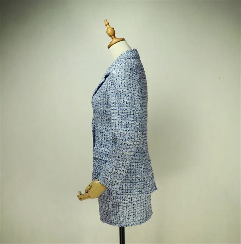 Women's Designer Inspired Custom Made Check Pattern Blue Tweed Blazer   Skirt/Shorts Suit