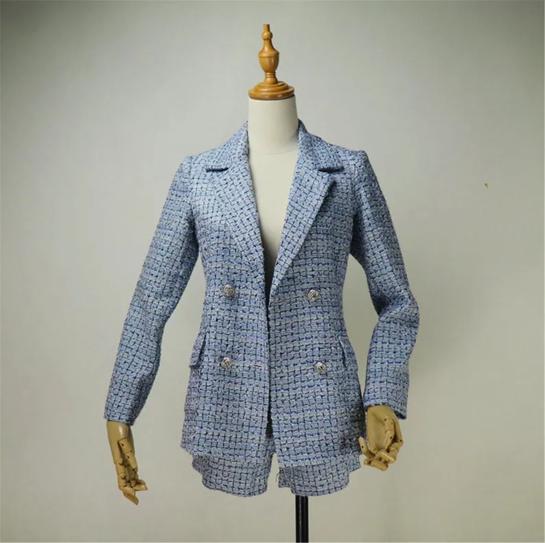 Women's Designer Inspired Custom Made Check Pattern Blue Tweed Blazer   Skirt/Shorts Suit