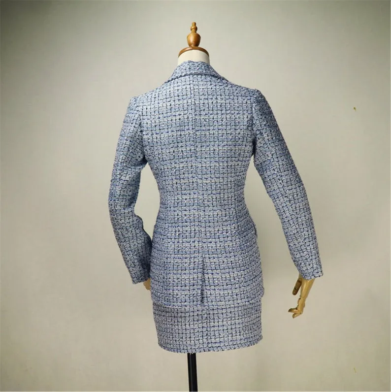 Women's Designer Inspired Custom Made Check Pattern Blue Tweed Blazer   Skirt/Shorts Suit