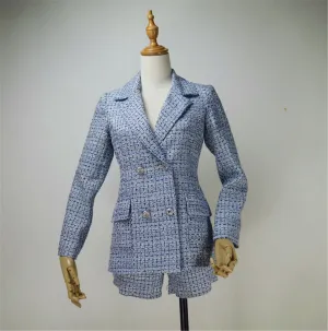 Women's Designer Inspired Custom Made Check Pattern Blue Tweed Blazer   Skirt/Shorts Suit