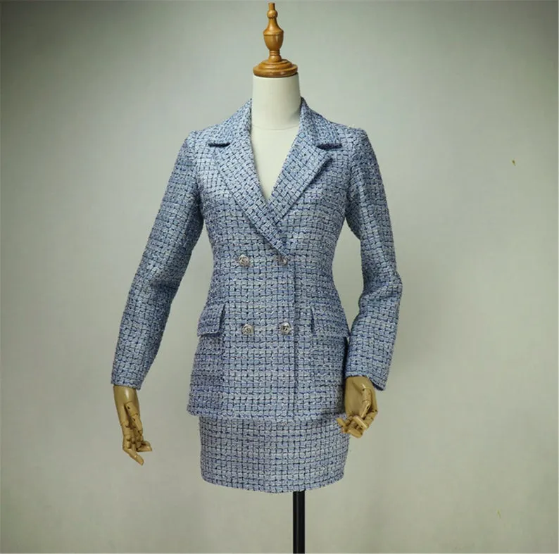 Women's Designer Inspired Custom Made Check Pattern Blue Tweed Blazer   Skirt/Shorts Suit