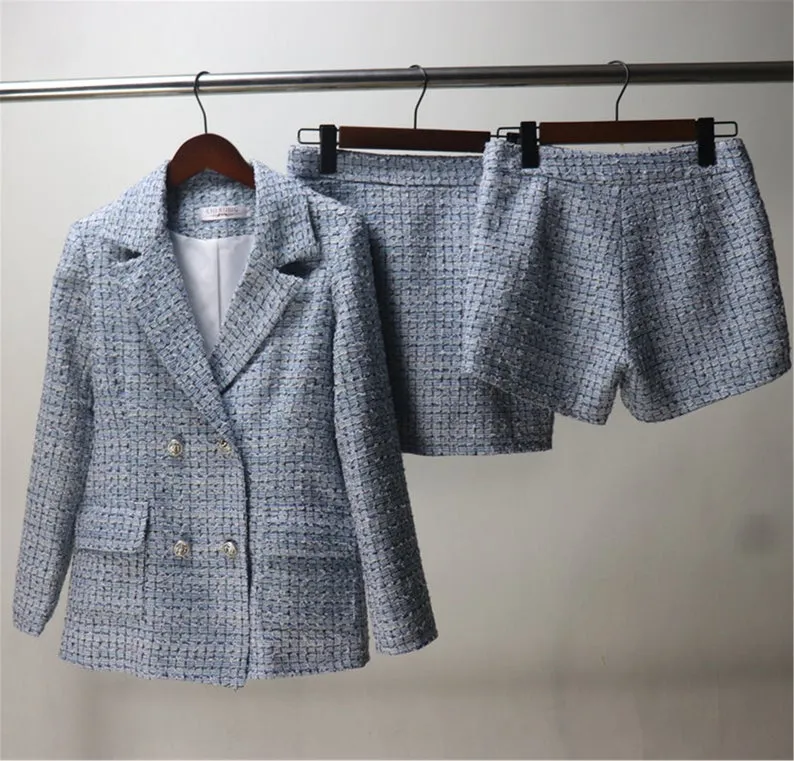 Women's Designer Inspired Custom Made Check Pattern Blue Tweed Blazer   Skirt/Shorts Suit