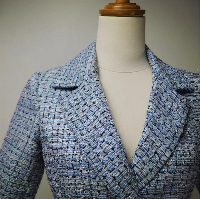 Women's Designer Inspired Custom Made Check Pattern Blue Tweed Blazer   Skirt/Shorts Suit