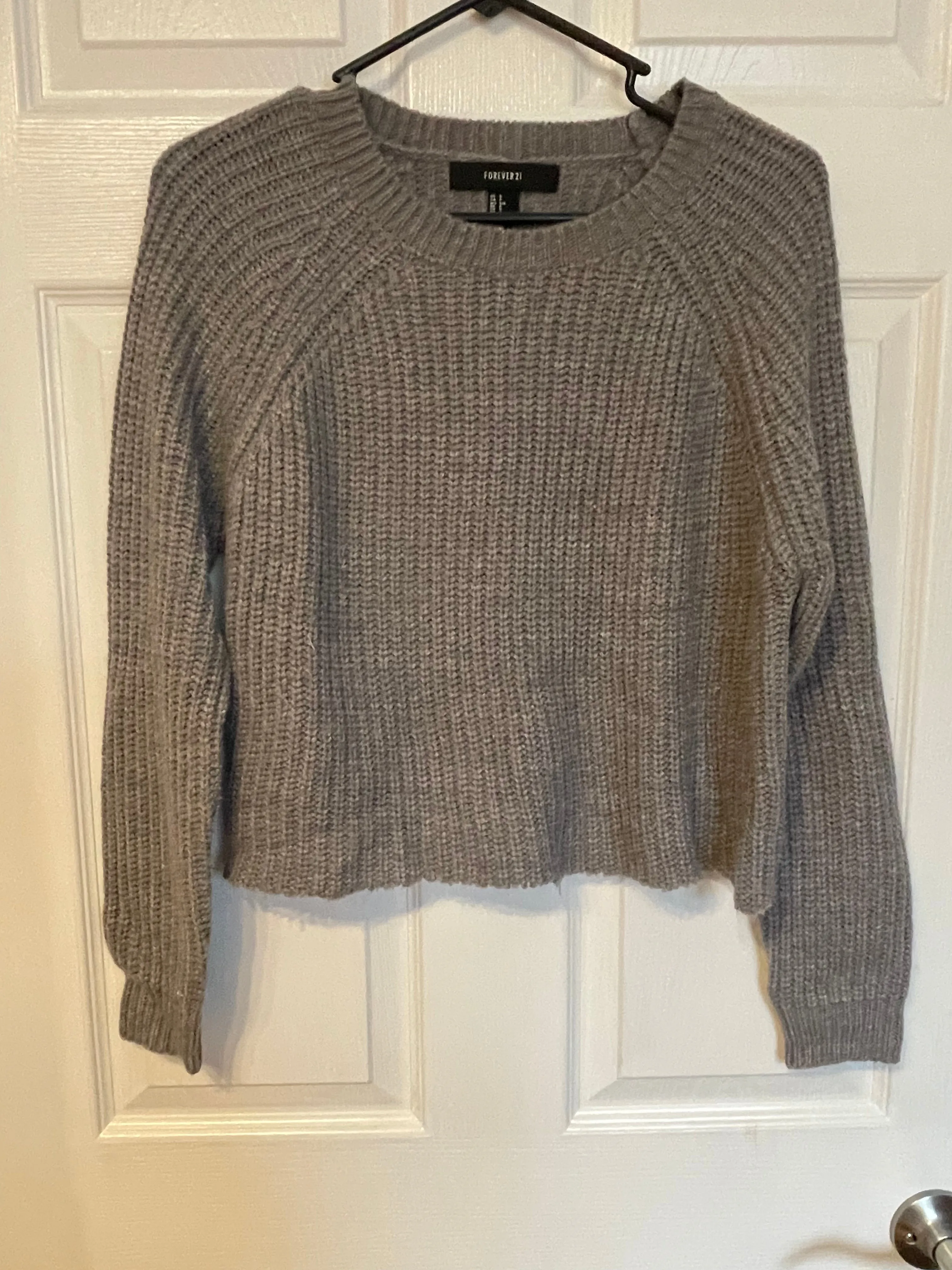 Womens Juniors Small Heather Gray Forever 21 Cable Knit Sweater Long Sleeve Cropped