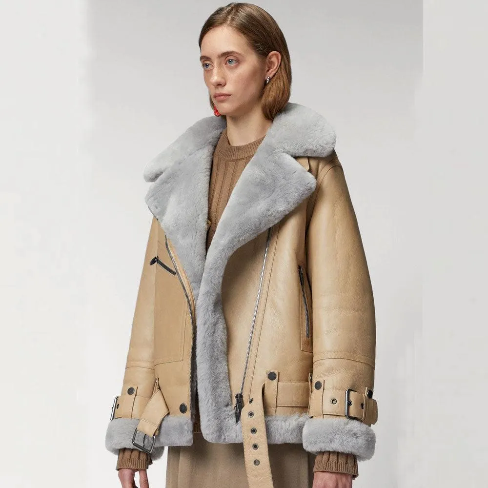 Women's RAF Aviator Styled Lambskin Shearling Leather Jacket