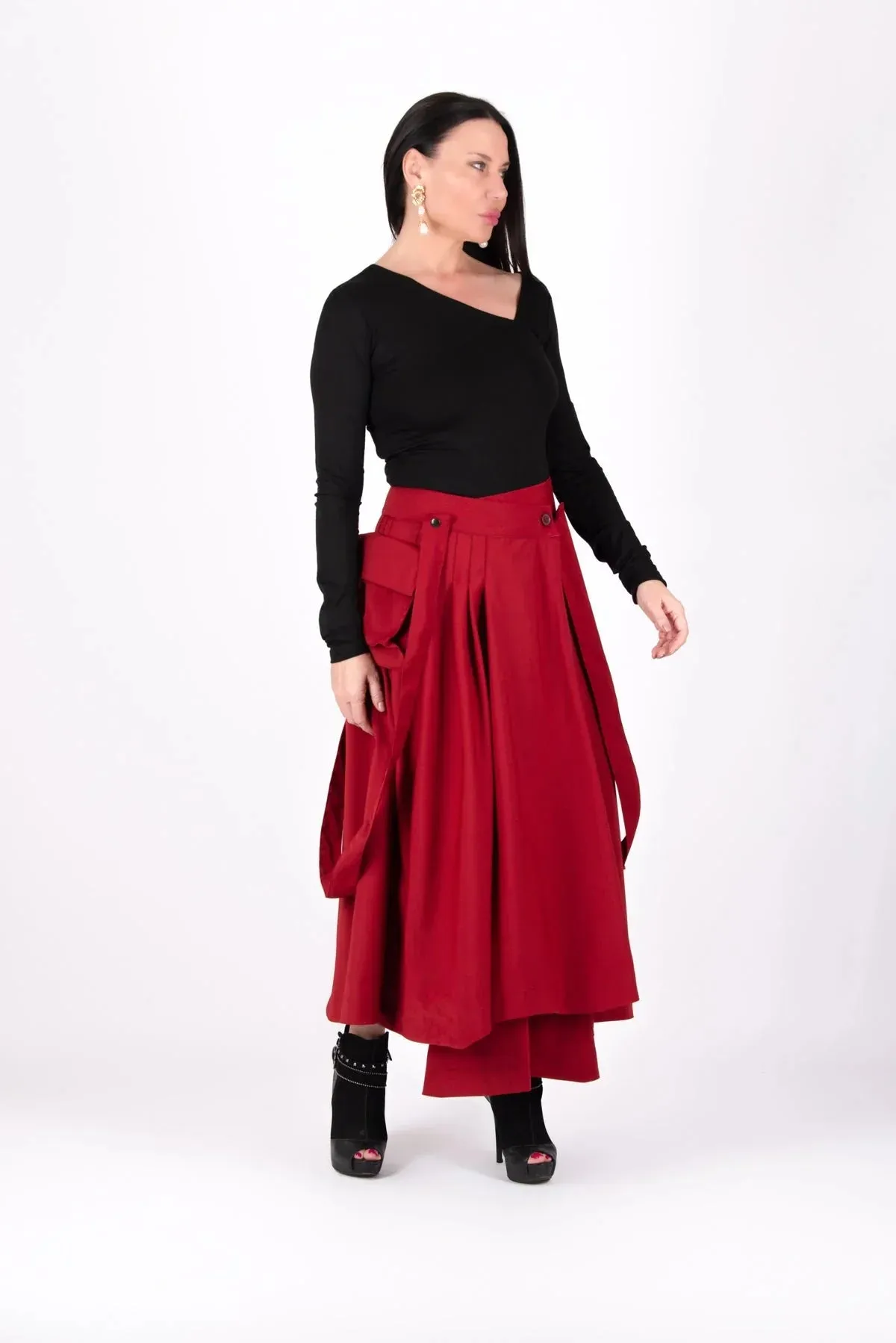 ZEFIRA Asymmetrical Long Red Skirt ON SALE